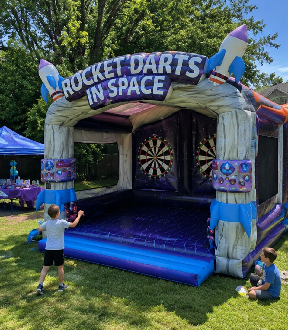 Rocket Darts in Space inflatable dart game with two targets set up for a family celebration in Piedmont, SC.