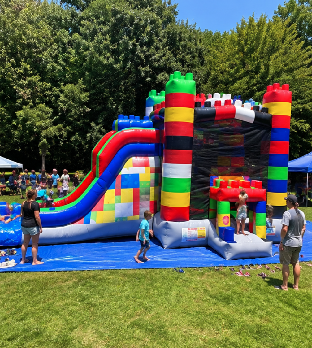 Colorful block-themed inflatable slide and bounce combo at a separate family event in Greenville, SC, with children and parents gathered around the attraction.