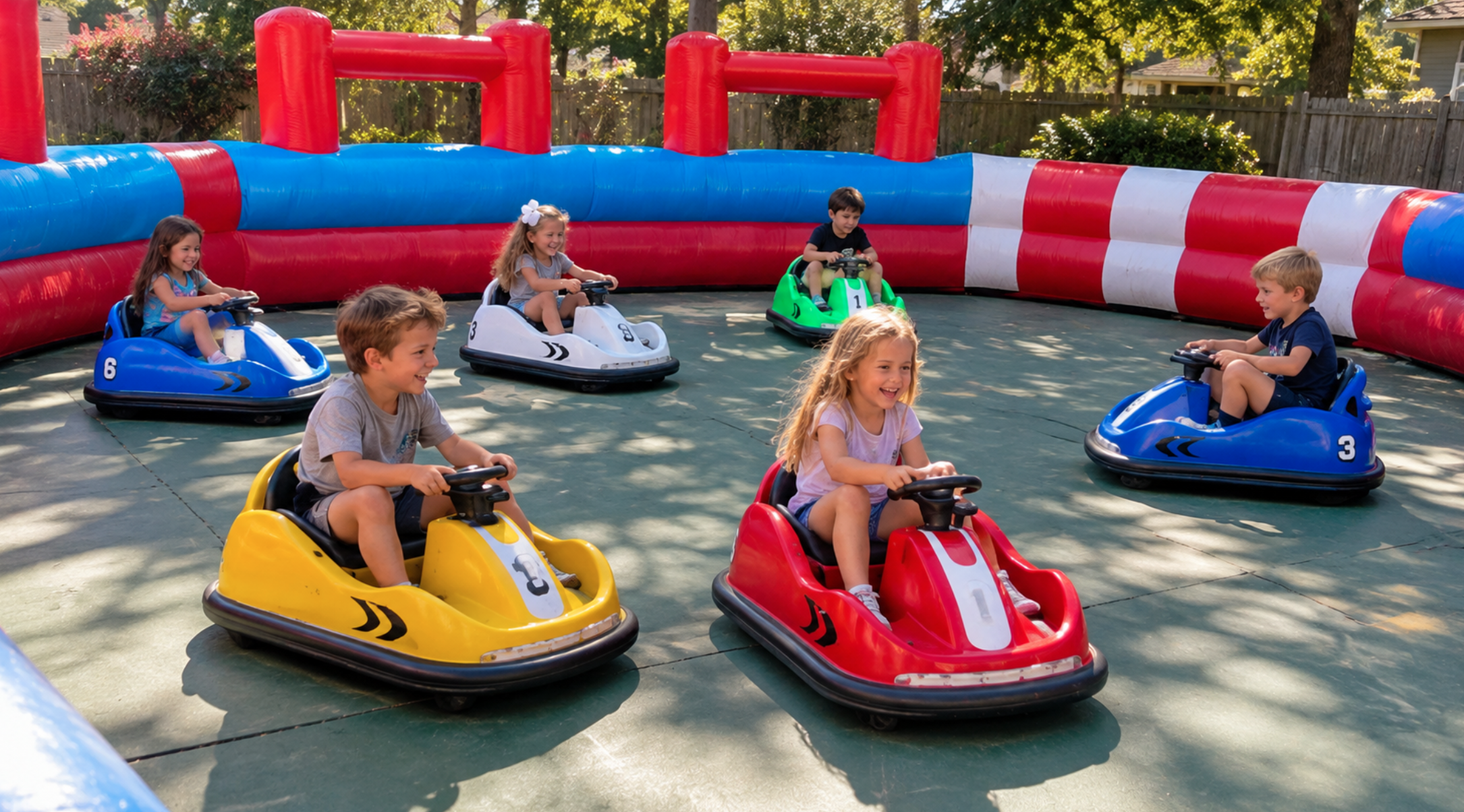 Six children enjoying colorful bumper cars inside a red, white, and blue inflatable arena at an outdoor backyard party.