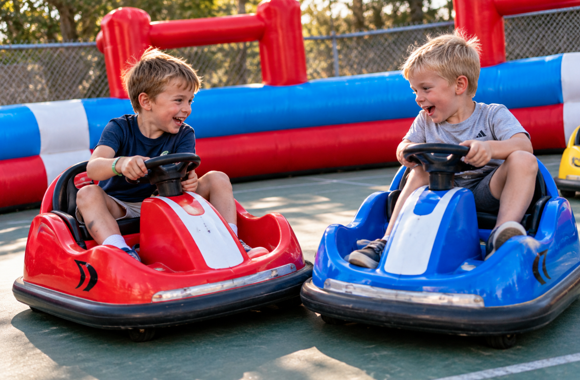 Two young boys laughing as their red and blue bumper cars gently collide inside an inflatable bumper car arena.