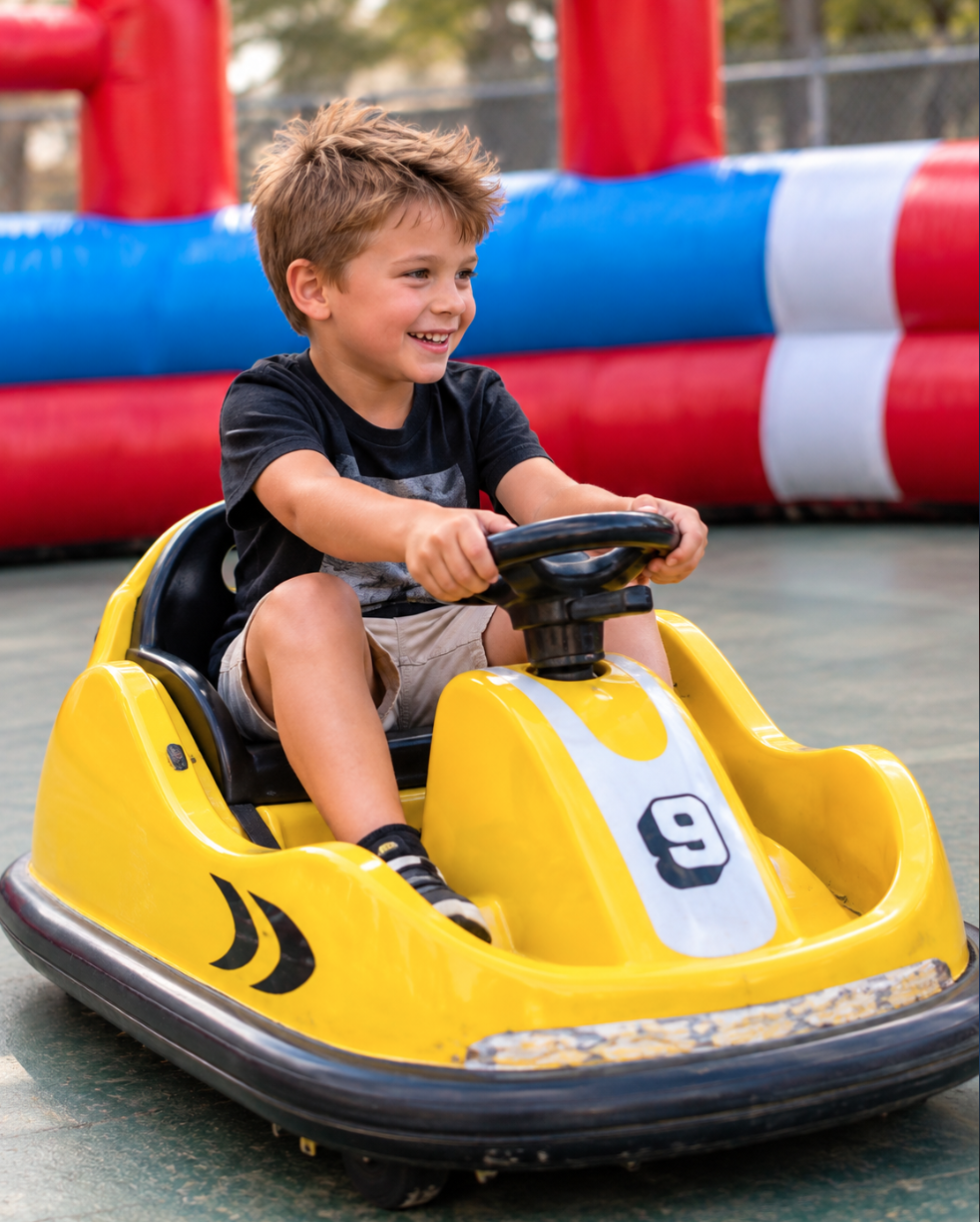 Smiling young boy steering a yellow number 9 bumper car inside a red, white, and blue inflatable arena.