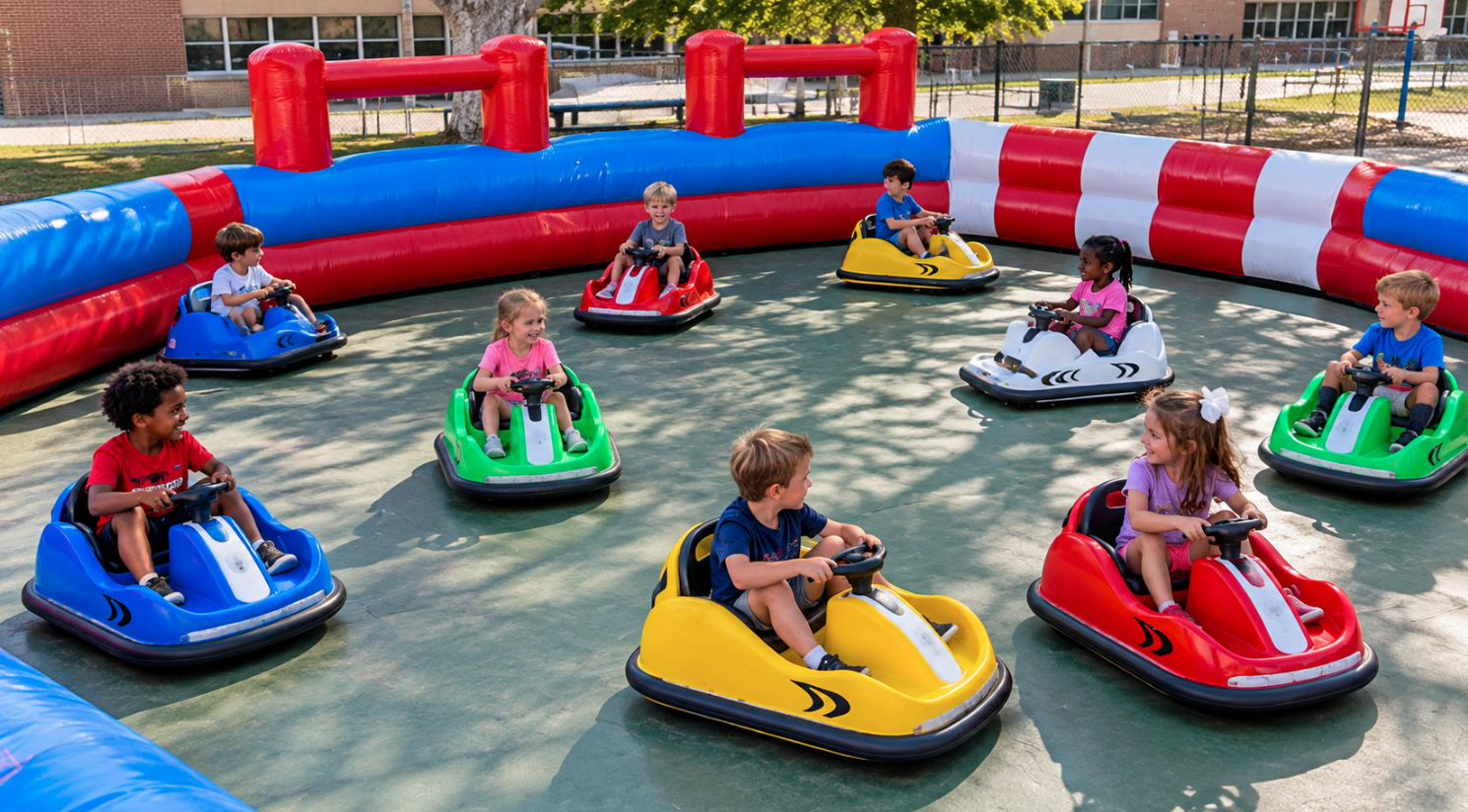 Eight children driving colorful bumper cars around a red, white, and blue inflatable arena on an outdoor school court.