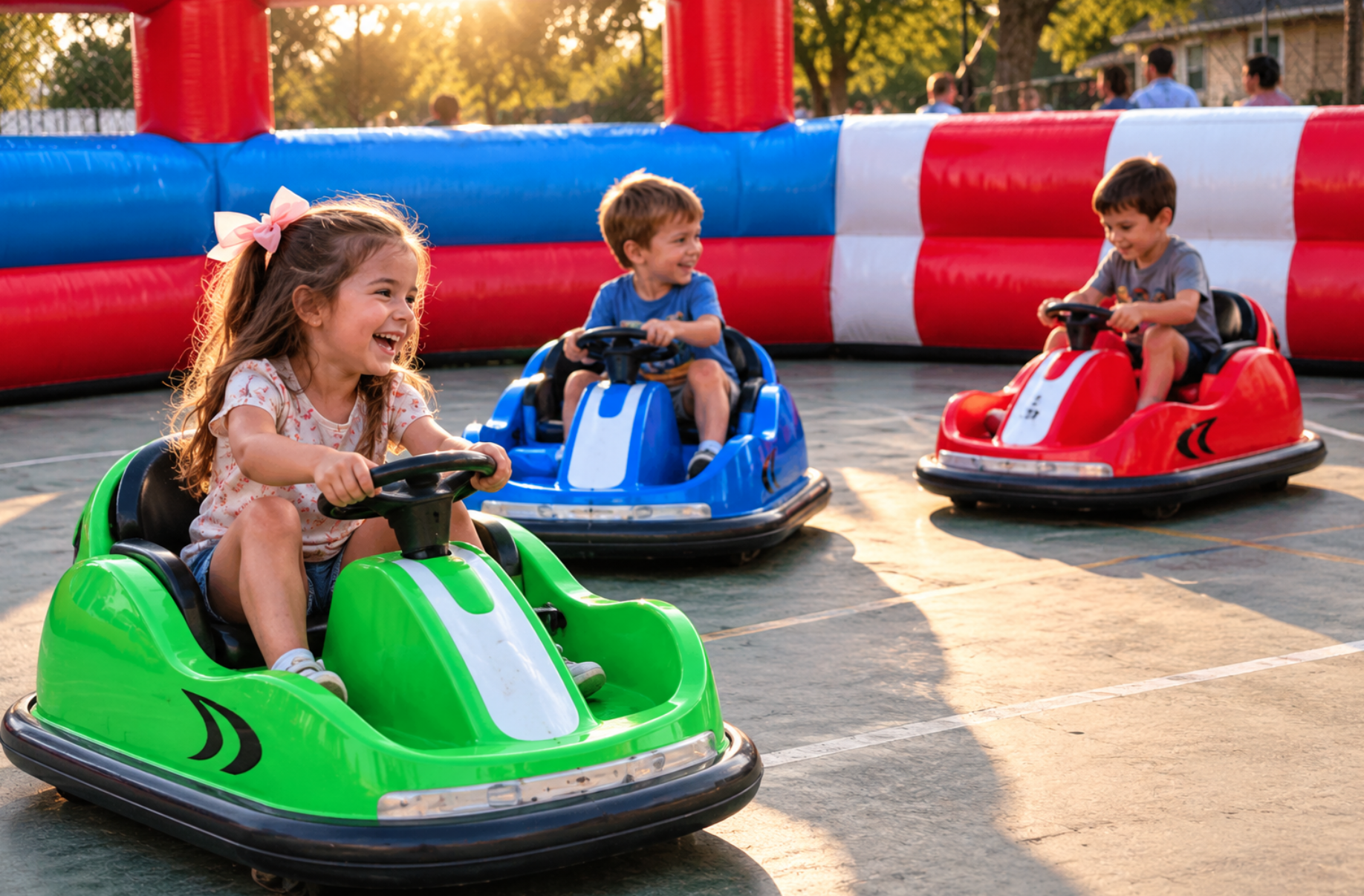 Three children laughing and steering green, blue, and red bumper cars at an outdoor event inside an inflatable arena.