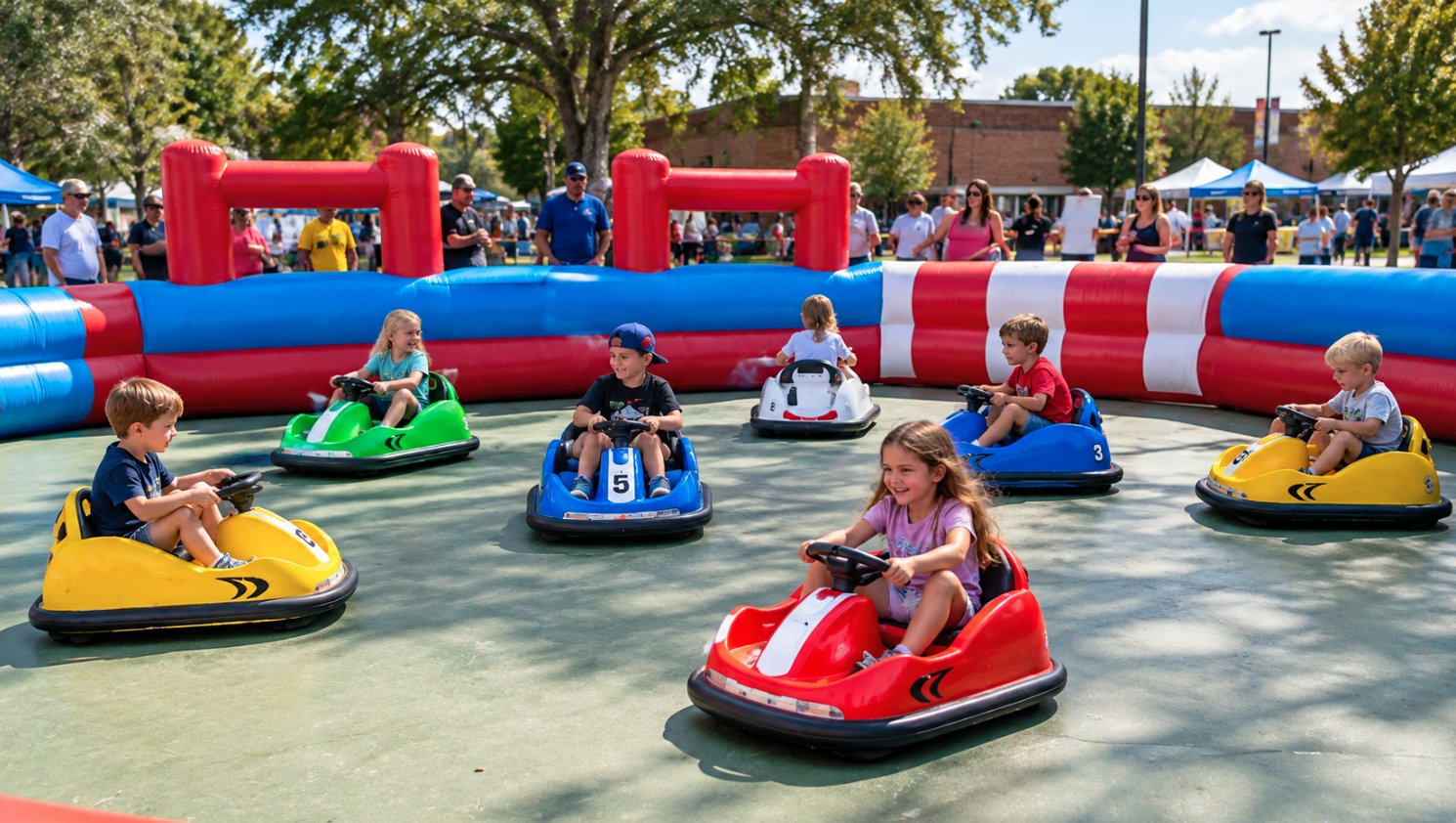 Seven children riding colorful bumper cars inside a red, white, and blue inflatable arena while festival visitors watch nearby.