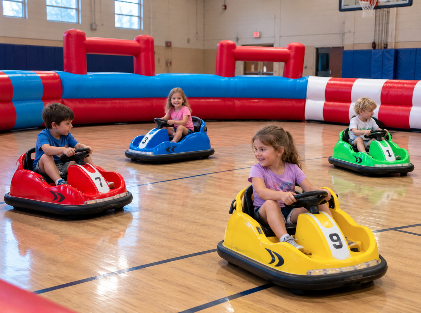 Four children riding red, blue, green, and yellow bumper cars inside an inflatable arena on a school gymnasium floor.