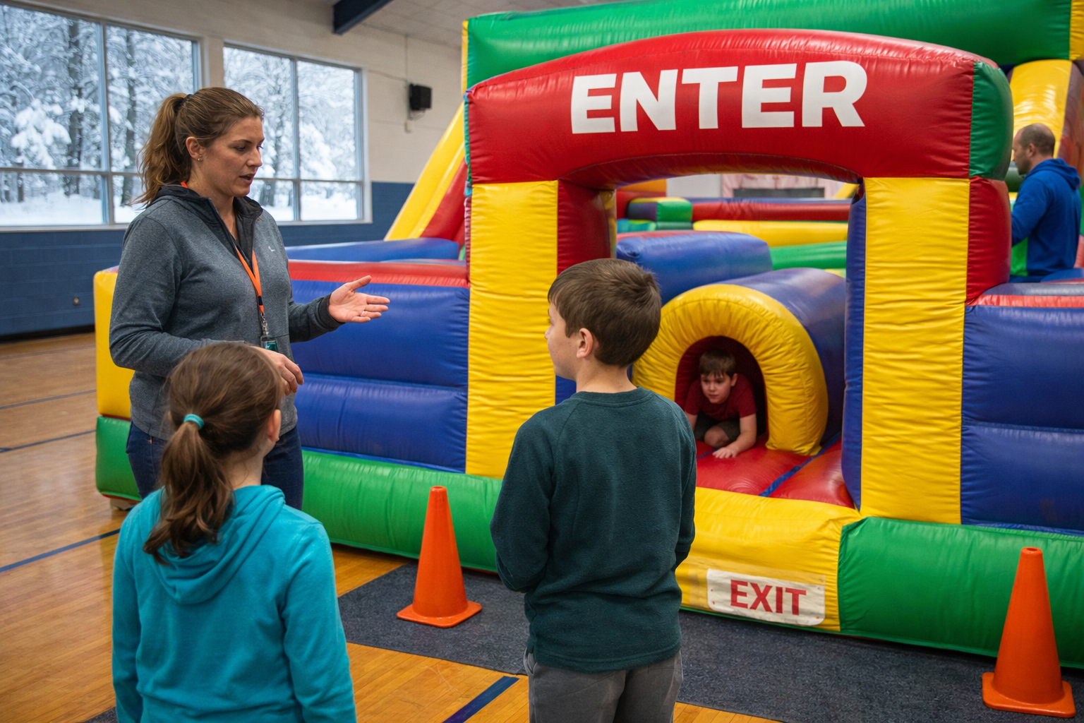 Two children waiting at the entrance of an indoor inflatable obstacle course while a coach reviews safety rules in a school gym in Greenville, SC