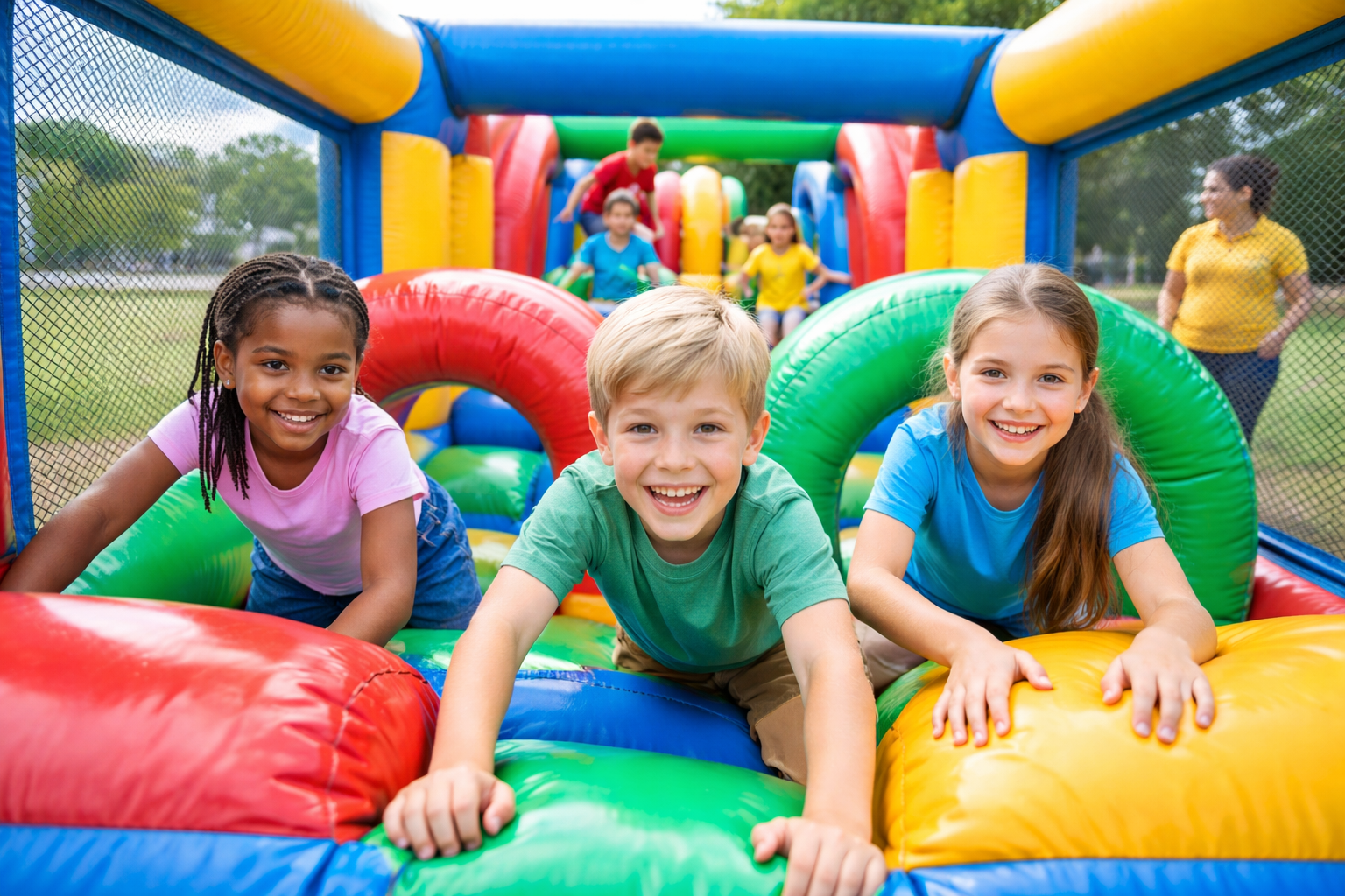 Kids playing safely inside a fully enclosed inflatable obstacle course rental in Greer, SC with tall side walls and professional setup
