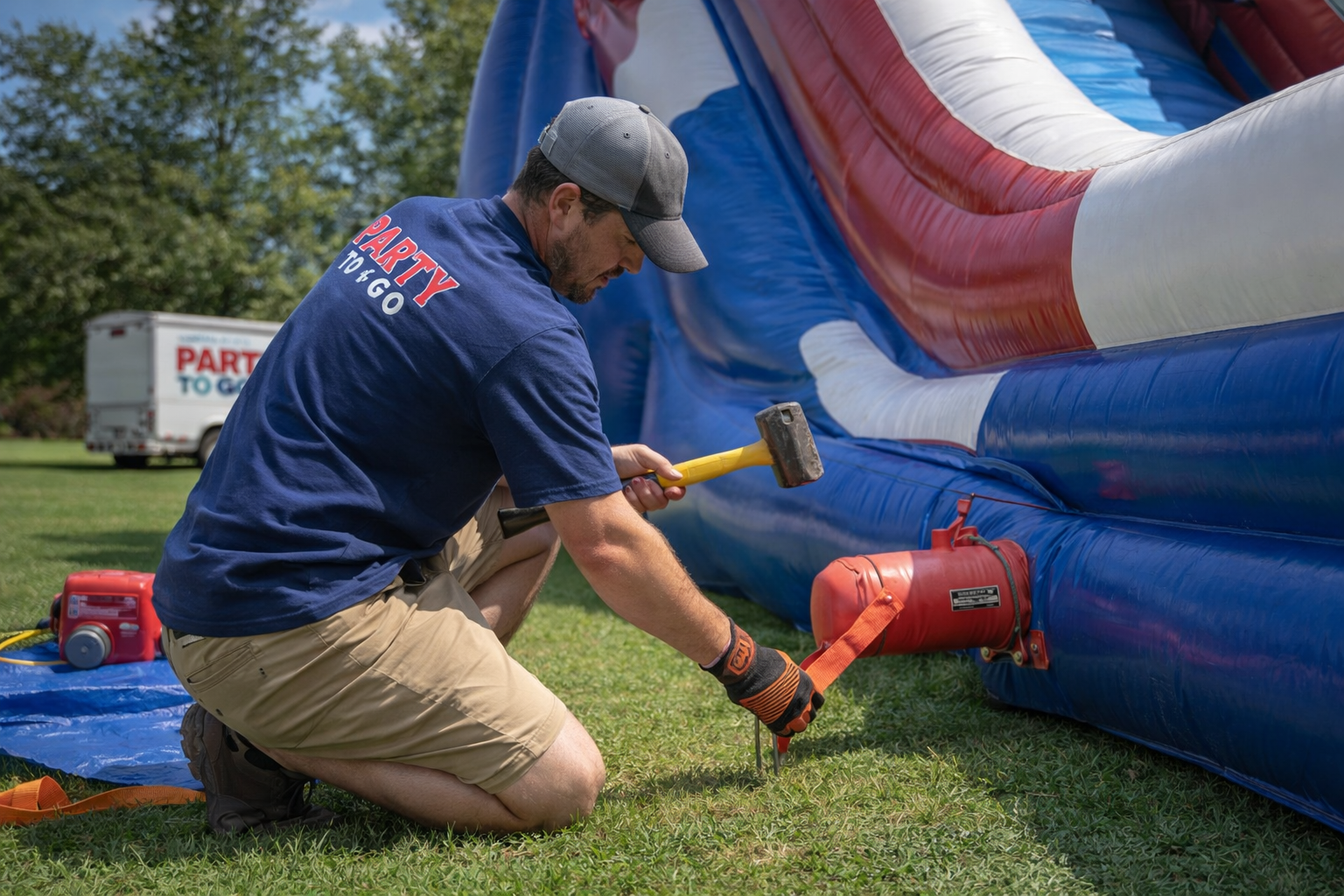 Commercial-grade inflatable dry water slide set up securely for a Greenville, SC school and community event