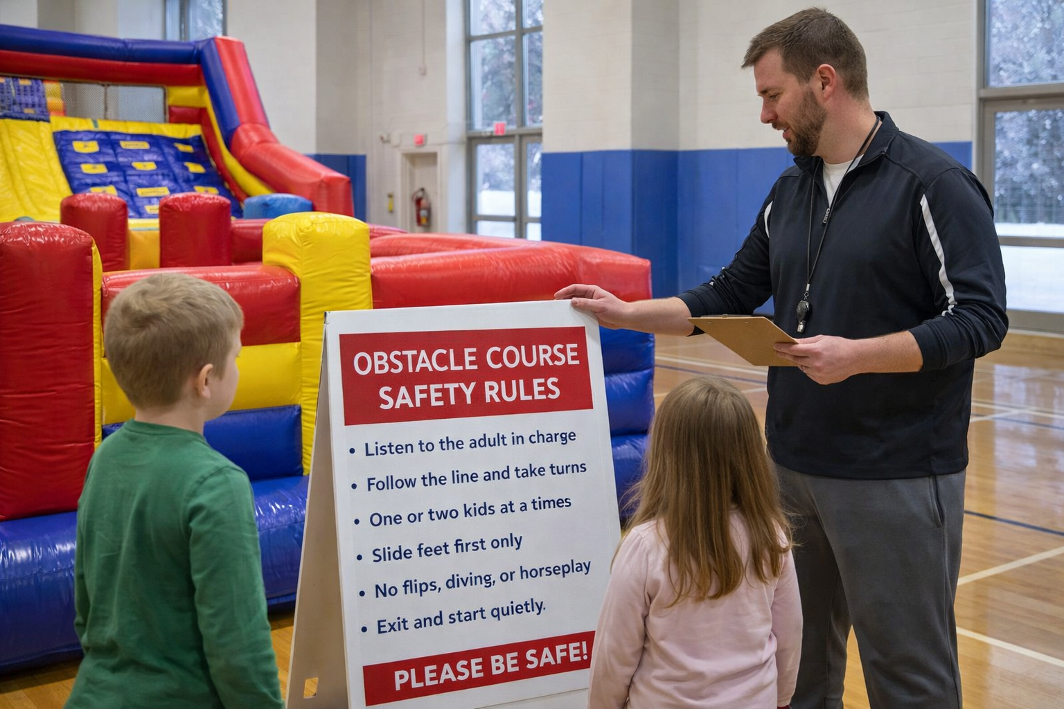 Children safely using an indoor inflatable obstacle course with tall enclosed side walls during a winter event in Greenville, SC