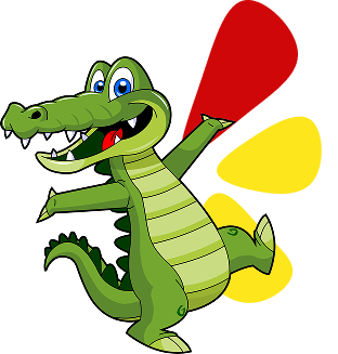 Cartoon alligator with a big smile, blue eyes, and outstretched arms, appearing cheerful with colorful red and yellow shapes in the background.