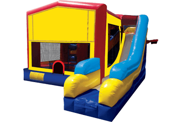 Colorful inflatable bounce house with an attached slide.