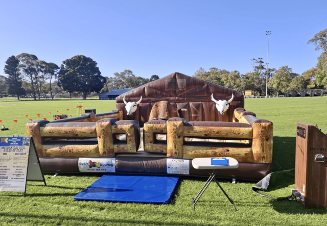 Mechanical Bucking Bull Hire with square brown inflatable