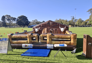 Mechanical Bucking Bull Hire with square brown inflatable