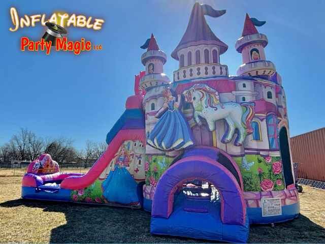 Princess Unicorn Bounce House with Dual Lane Slide featuring a round castle design, colorful 3D unicorn and princess graphics, a spacious bouncing area, and two side-by-side slides for extra fun—perfect for fairytale and unicorn-themed parties