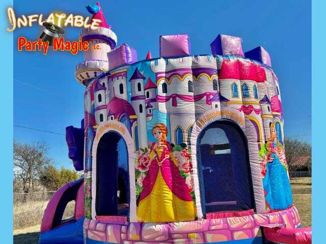 View of the back of the Princess Unicorn Bounce House displaying beautifful graphics of a castle and princesses