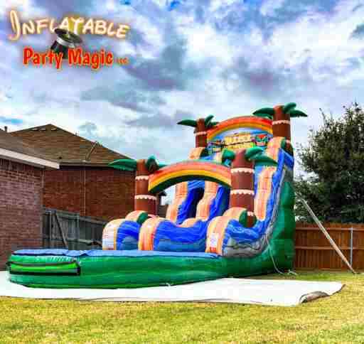 Fort Worth Water Slide Rental showing a tropical slide with a pool landing in bright orange, blue, and green colors representing a tropical oasis.