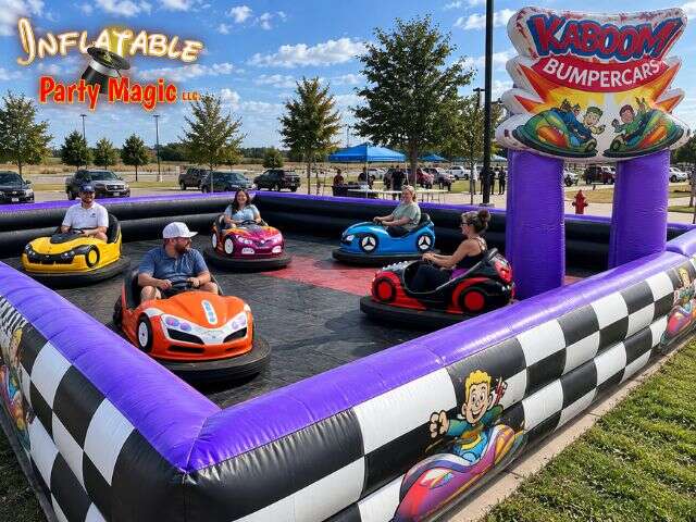 Bumper car rental arena with riders mid-round near Grapevine TX