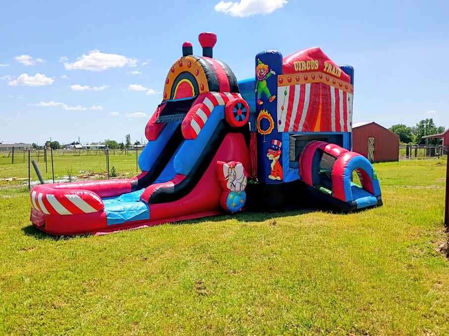 Circus train themed bounce house rental for a kids birthday party in DFW Texas from Inflatable Party…