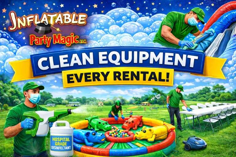 Clean inflatable rental equipment sanitized before every party rental in DFW Texas