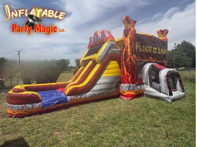 Floor Is Lava bounce house with slide rental set up at an event in Godley Texas from Inflatable Party Magic