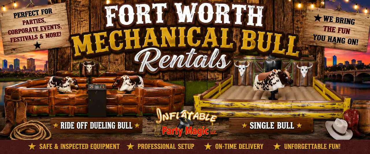 Fort Worth mechanical bull rentals from Inflatable Party Magic — Galaxy Deluxe standard bull and Ride-Off Dueling Bull in Tarrant County