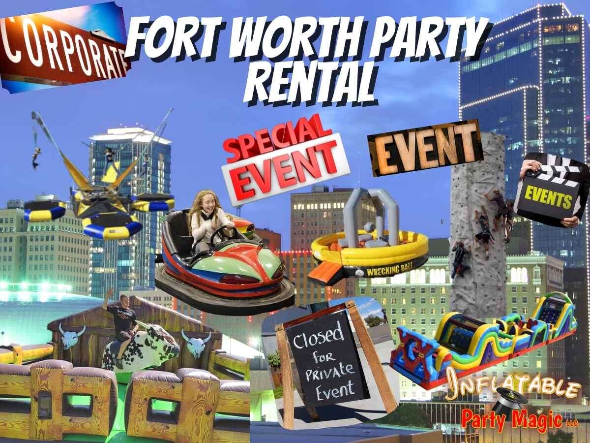 Party Rentals Fort Worth: Image displaying various rental options including moonwalks, obstacle challenge courses, bumper cars, mechanical bulls, euro bungee, rock climbing walls, interactive inflatable games, tents, tables, chairs, and more.