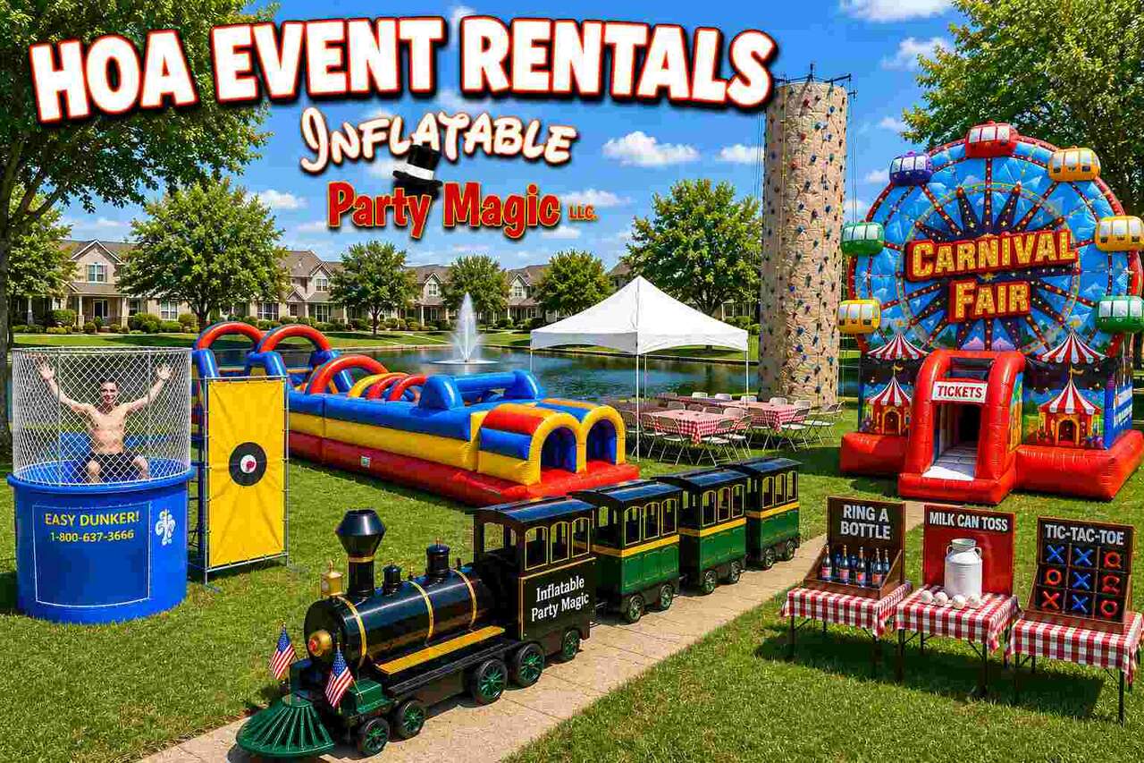 HOA event rentals in DFW Texas from Inflatable Party Magic with inflatables and attractions for neig…