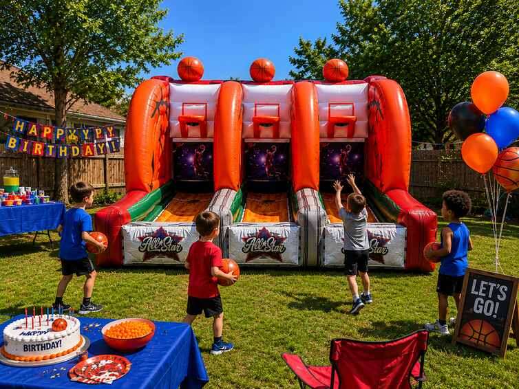 Inflatable basketball game rental at a backyard birthday party in DFW Texas from Inflatable Party Ma…