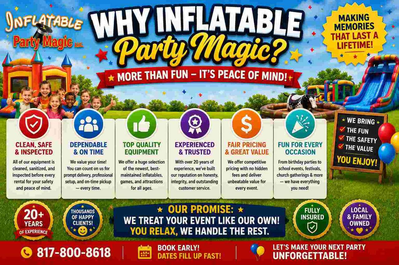 Inflatable Party Magic bounce house rental piece of mind - professional party rentals in Fort Worth DFW Texas you can trust