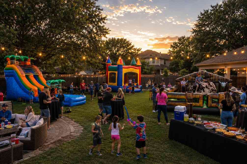 Backyard party rentals set up for a mixed-age birthday party in DFW Texas from Inflatable Party Magi…