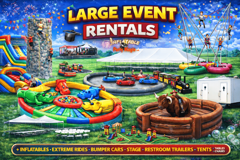 Large event rentals in DFW Texas from Inflatable Party Magic including inflatables, extreme attractions, and event infrastructure