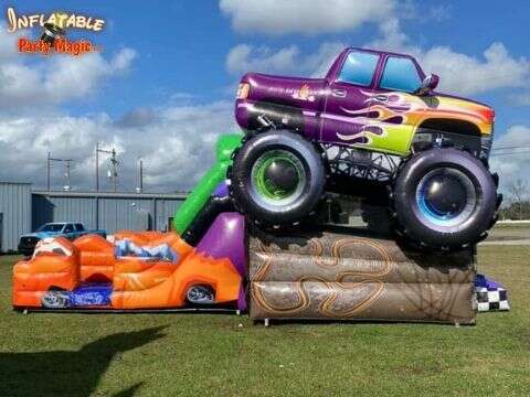 Bounce house with slide combo rentals in Waxahachie showing Inflatable Party Magic's Purple Monster…