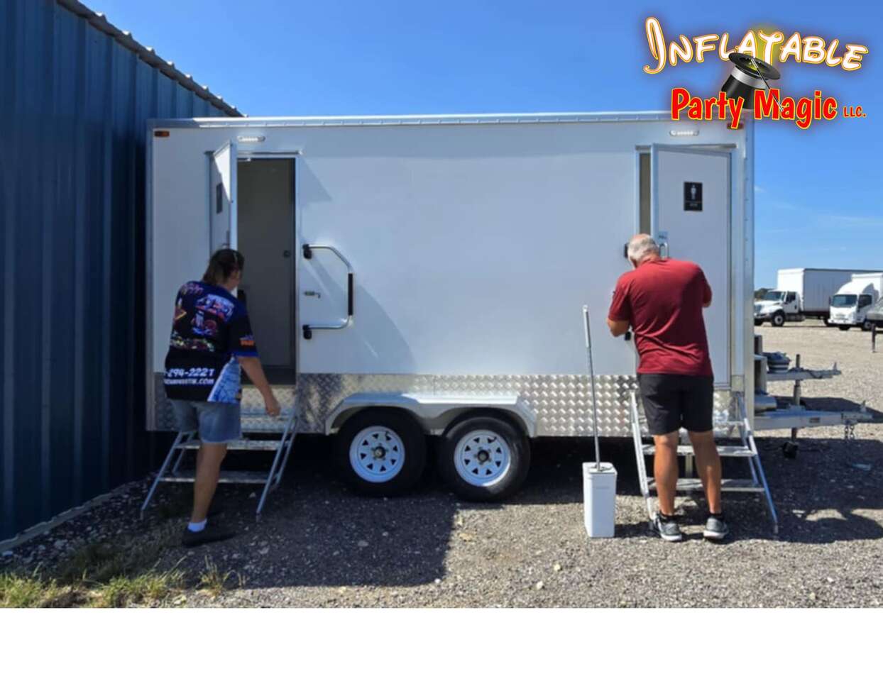 Inflatable Party Magic prairie restroom trailer rental delivered and set up for an outdoor event in…