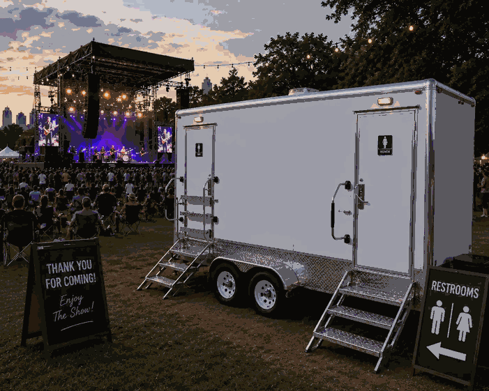 Prairie restroom trailer rental in Itasca TX, climate-controlled luxury portable restroom with flush…