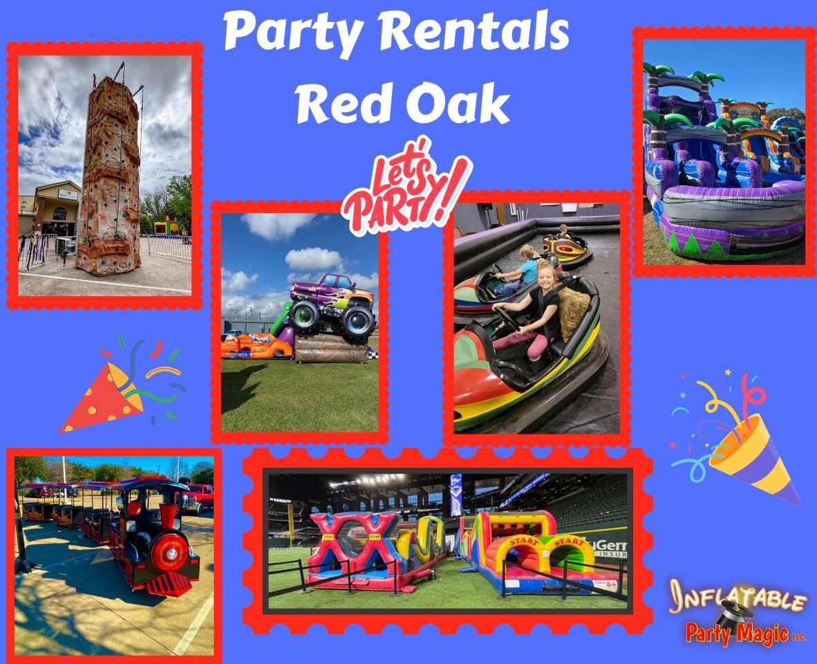 Red Oak Party Rentals from Inflatable Party Magic offering bounce houses, water slides, mechanical bulls, rock climbing walls, tents, tables, chairs, and more