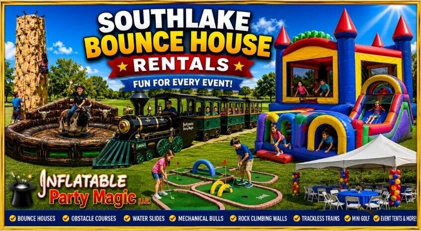 Bounce house rentals in Southlake TX set up at a backyard birthday party by Inflatable Party Magic