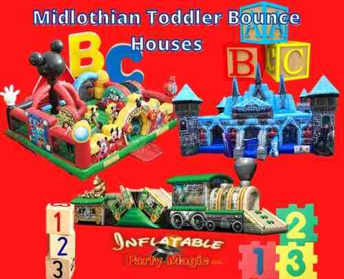 Toddler bounce houses to rent in Midlothian offering bouncing, pop-up character obstacles, and a slide with bright colors and themes