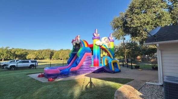 Unicorn bounce house with a slide rental in Aledo TX