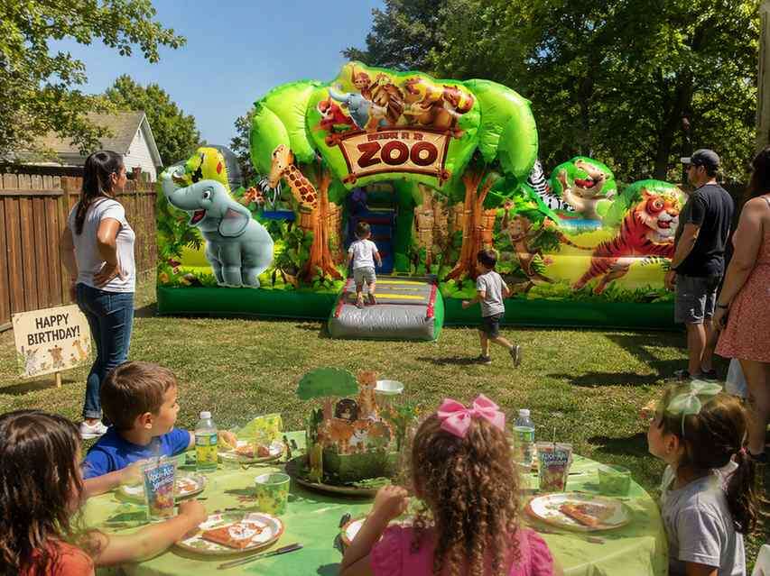 Animal themed bounce house rental set up at a backyard birthday party in DFW Texas from Inflatable P…