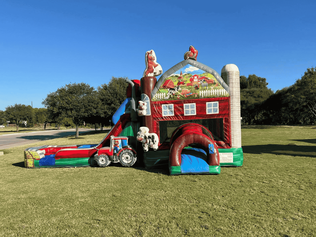 Best Fort Worth bounce house rental displaying a farm bounce house with slide