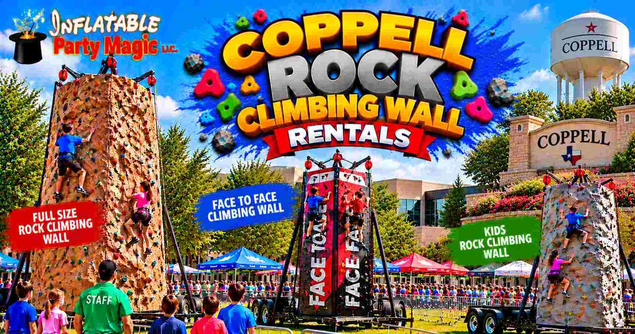 Portable rock climbing wall rentals in Coppell Texas from Inflatable Party Magic