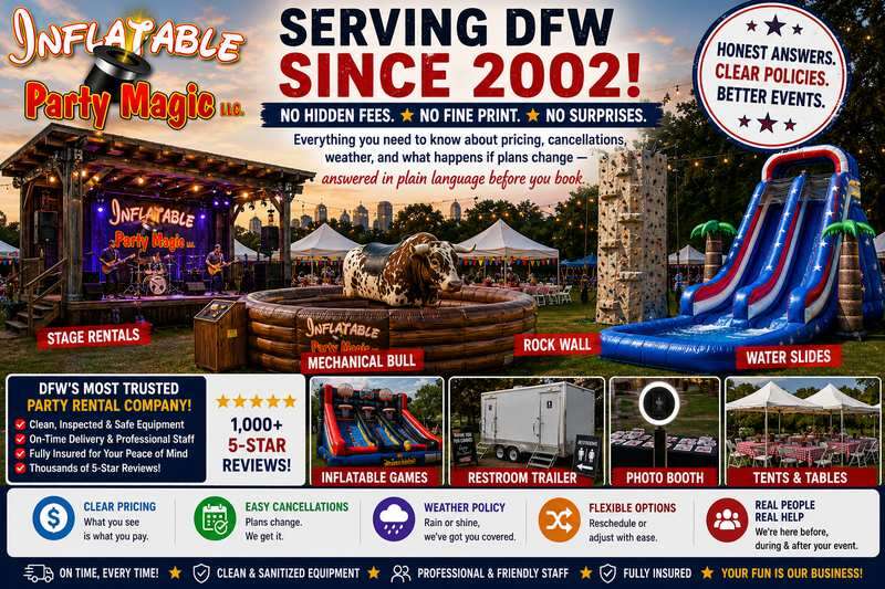 Inflatable Party Magic DFW event rentals with no hidden fees — mechanical bull, rock wall, water sli…