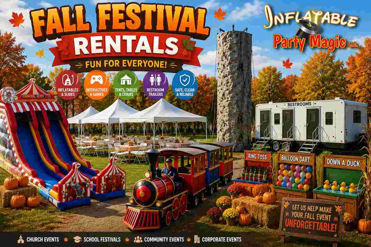 Fall festival rental setup in DFW Texas featuring bounce houses, carnival games, and trackless train…