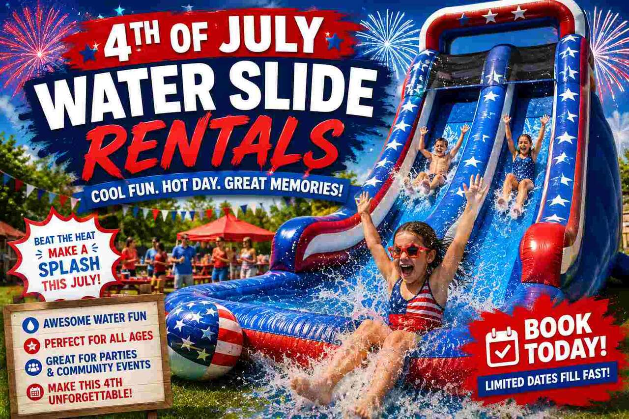 4th of July Water Slide Rentals in Fort Worth TX — Inflatable Party Magic 4th of July water slide rentals in Fort Worth TX from Inflatable Party Magic — giant dual-lane slide…