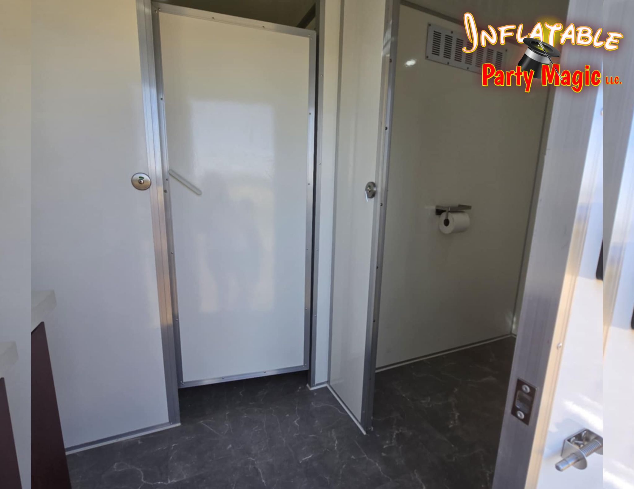 Inside of Portable Restroom Trailer Rentals DFW Tx from Inflatable Party Magic