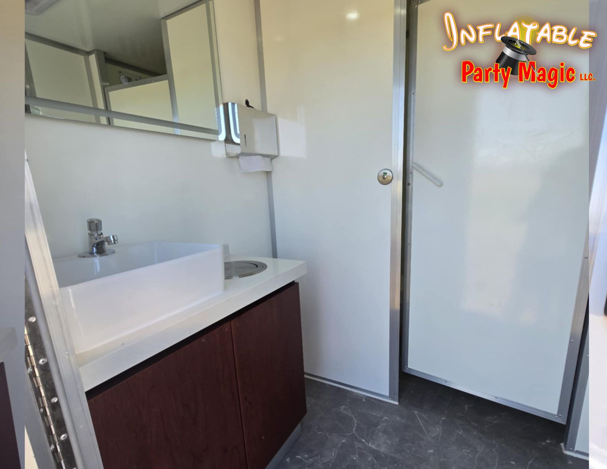 Inside views of Portable Restroom Trailer Rentals DFW Tx from Inflatable Party Magic