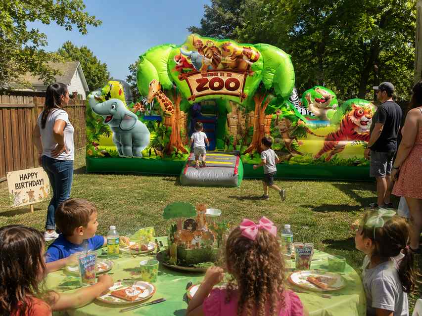 Animal themed bounce house set up at a toddler birthday party in DFW Texas from Inflatable Party Mag…