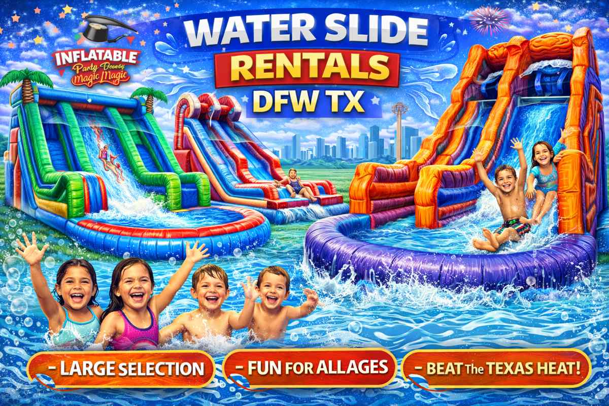 Water slide rentals in DFW Texas from Inflatable Party Magic featuring giant inflatable water slides…