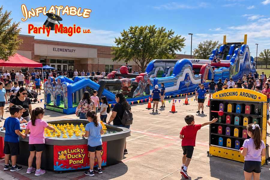 Inflatable obstacle course rentals at a Godley school event from Inflatable Party Magic