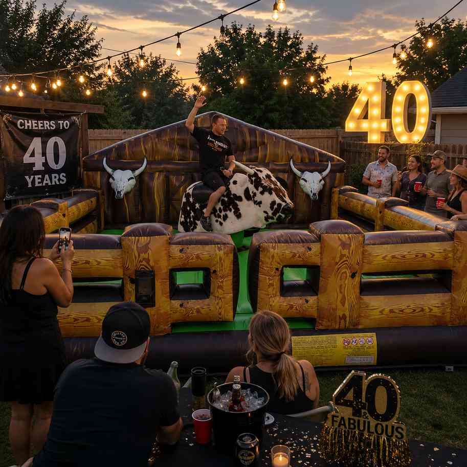 Mechanical bull rental with a trained operator at an adult milestone birthday party in DFW Texas fro…